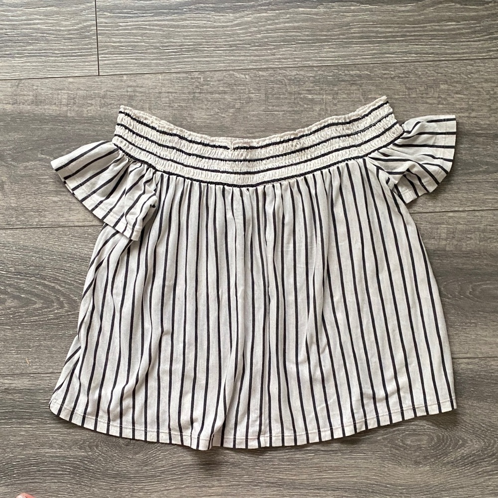 American Eagle Outfitters Black and White Striped Off-Shoulder Top